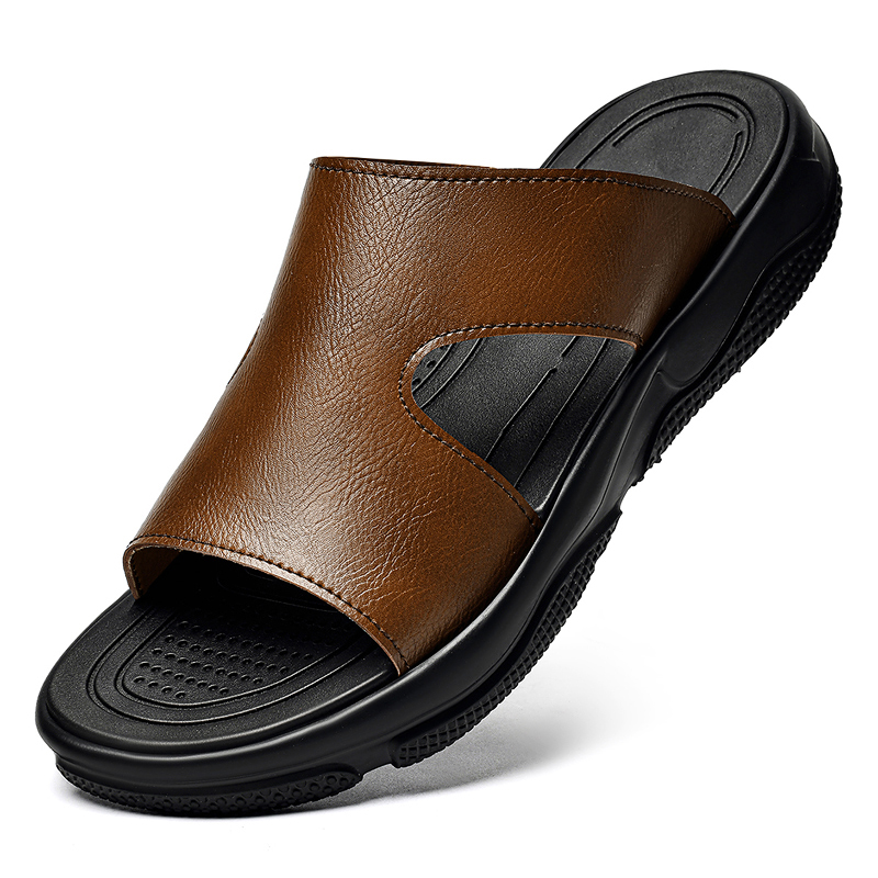 Men'S Shoes Hugo Boss - メンズレザースライドサンダル滑り止め厚底カジュアルスリッパ夏の屋外ビーチシューズ通気性軽量履物