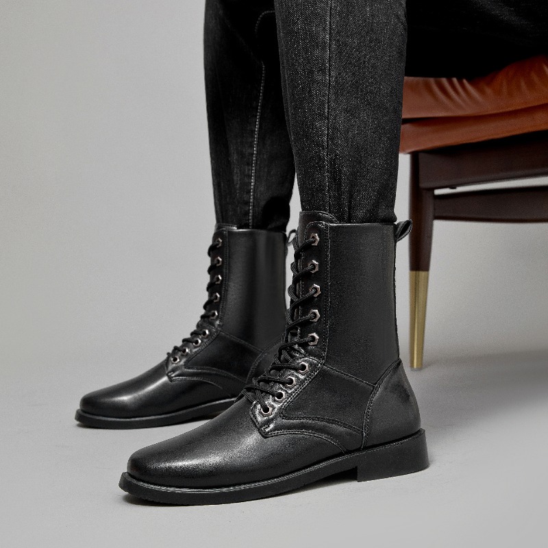 Men'S Shoes Hiking - ハイカットレザーブーツ アウトドアタクティカルコンバットブーツ メンズセキュリティブーツ ブラック滑り止めハイキングブーツ ハンティングセーフティシューズ ボタス