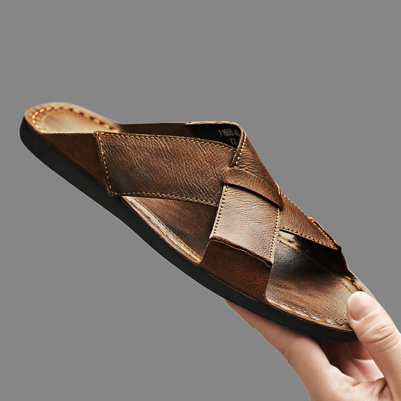 Men'S Shoes Hugo Boss - ファッション本革メンズスリッパ夏の男のサンダル屋外ビーチシューズ高品質カジュアルシューズ快適なビーチサンダル