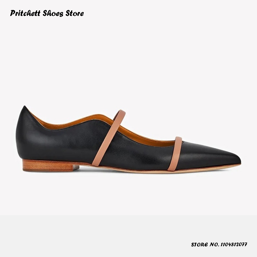 Men'S Shoes Slip On - レディース ダブルストラップ レザー バレエシューズ ポインテッドトゥ スクエアヒール