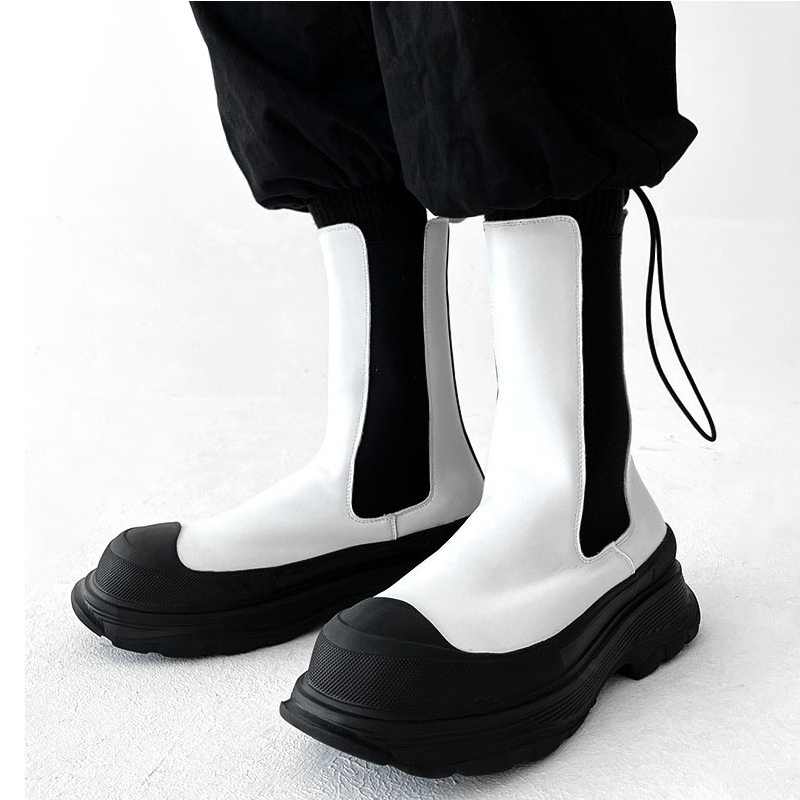 Men'S Shoes Black And White - メンズファッション パンク ステージ ハイチェルシーブーツ ブラック ホワイト
