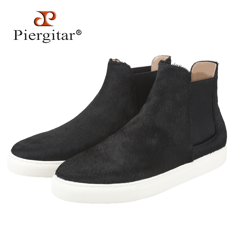 Men'S Shoes Black And White - Piergitar 冬スタイル黒馬毛メンズハイトップシューズ手作り白厚底ブーツ内側本革