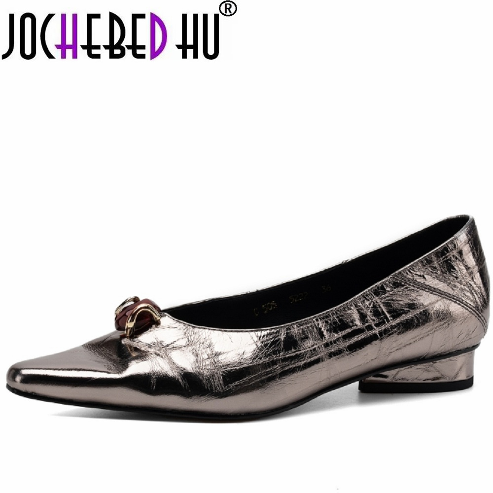 Men'S Shoes Slip On - 【JOCHEBED HU】女性の手作り本革ポインテッドトゥメタルバックルスリッポン高品質ソフトエレガントレディースローヒールシューズ34-40