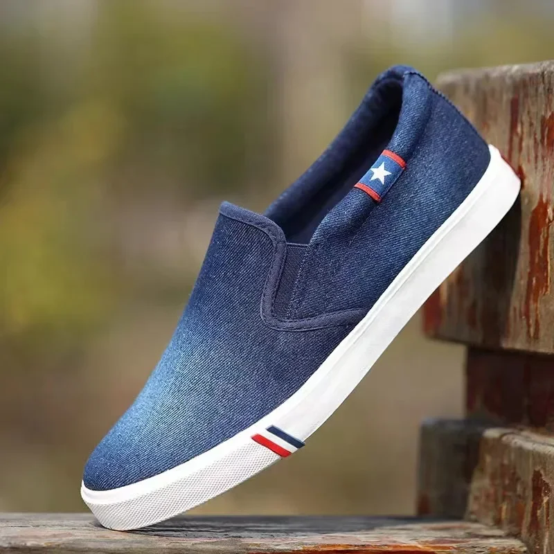 Men Shoes Vans - デニムメンズキャンバスシューズスリッポンスニーカー男性フラット通気性ローファー男性 2025 夏のトレーナーライトブラック靴履物