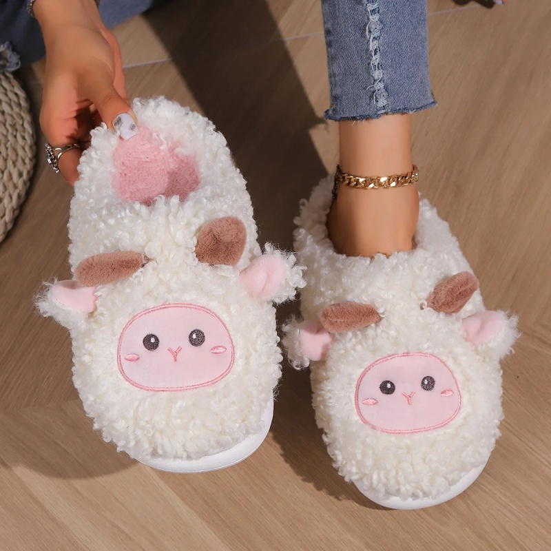 Men'S Shoes To Women'S - 冬素敵な小さな羊のスリッパ女性男性用かわいい子羊ぬいぐるみホームサンダルカップルファッション刺繍ソフトコットンスライド