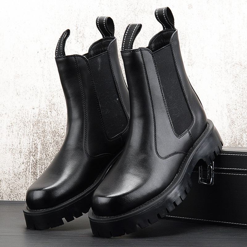 メンズファッションハイチェルシーブーツ黒白本革靴カウボーイプ - Men'S Shoes Black And White のレビューと価格