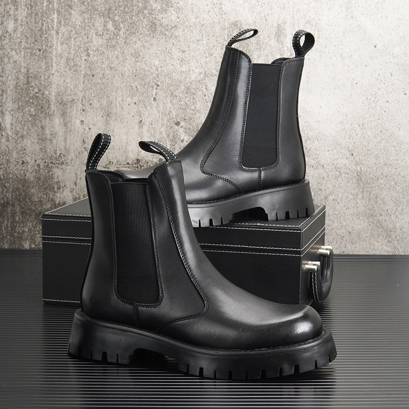 メンズファッションハイチェルシーブーツ黒白本革靴カウボーイプ - Men'S Shoes Black And White のレビューと価格