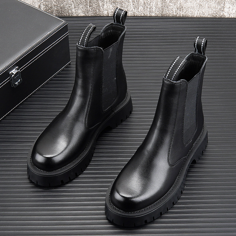 メンズファッションハイチェルシーブーツ黒白本革靴カウボーイプ - Men'S Shoes Black And White のレビューと価格