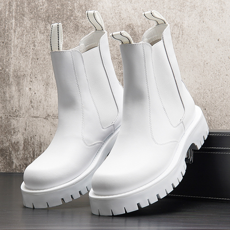 メンズファッションハイチェルシーブーツ黒白本革靴カウボーイプ - Men'S Shoes Black And White のレビューと価格