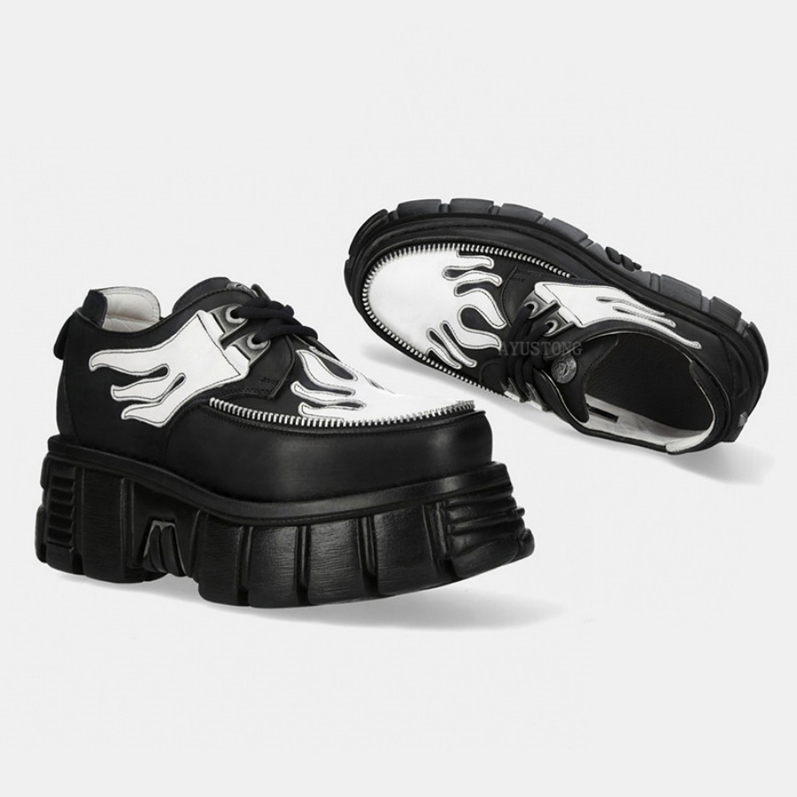 レディース ブラック ホワイト 炎柄プリント レースアップ  - Men'S Shoes Black And White のレビューと価格