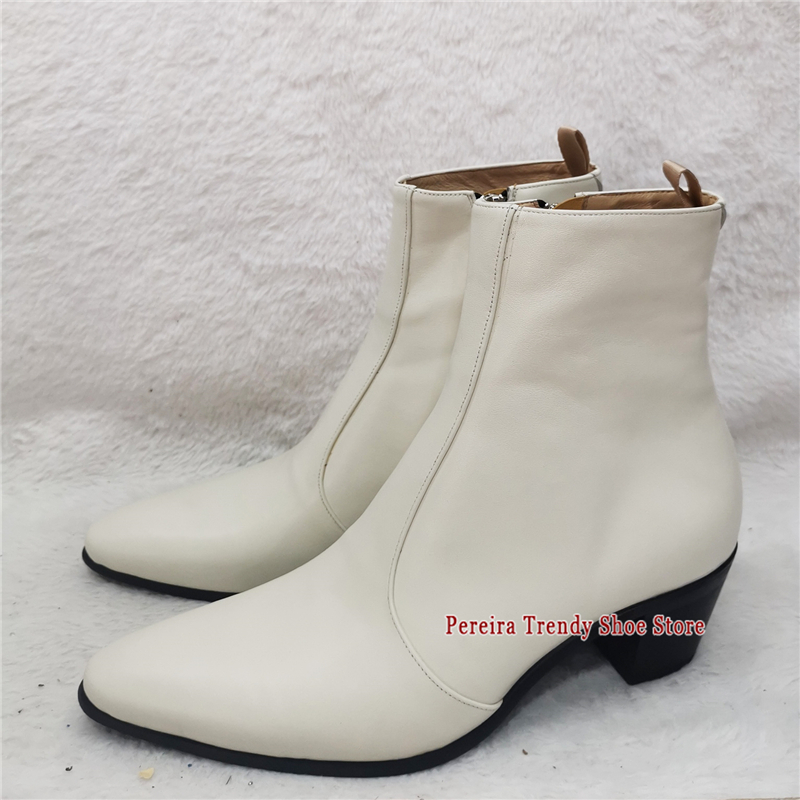 英国風牛革6CM厚底チェルシーブーツ　黒白本革サイドジッパー - Men'S Shoes Black And White のレビューと価格